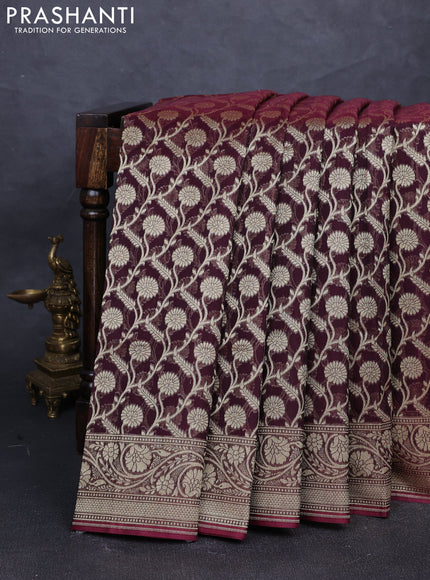 Banarasi silk cotton saree deep maroon with allover thread & zari woven brocade weaves and thread & zari woven border