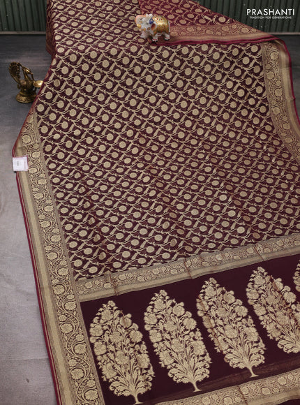 Banarasi silk cotton saree deep maroon with allover thread & zari woven brocade weaves and thread & zari woven border
