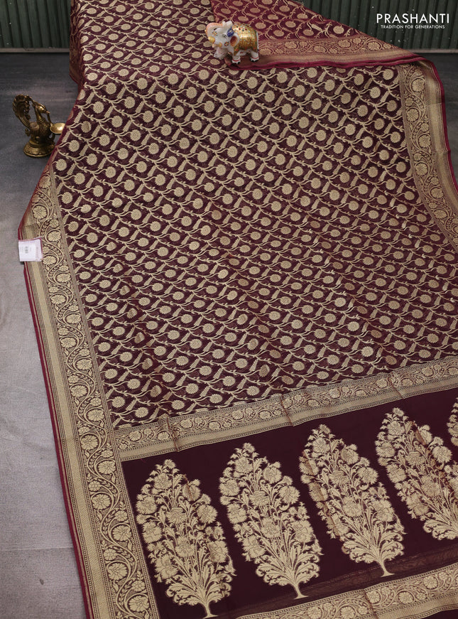 Banarasi silk cotton saree deep maroon with allover thread & zari woven brocade weaves and thread & zari woven border