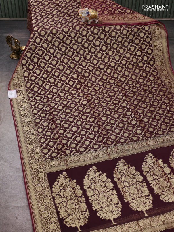 Banarasi silk cotton saree deep maroon with allover thread & zari woven brocade weaves and thread & zari woven border