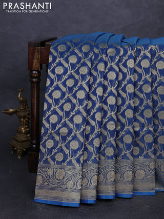 Banarasi silk cotton saree peacock blue with allover thread & zari woven brocade weaves and thread & zari woven border