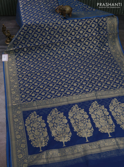 Banarasi silk cotton saree peacock blue with allover thread & zari woven brocade weaves and thread & zari woven border
