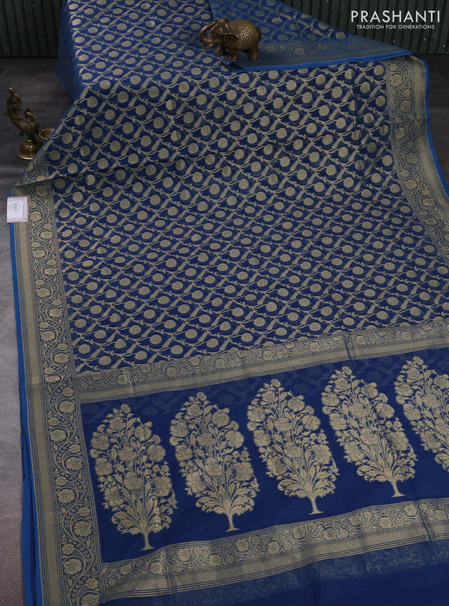 Banarasi silk cotton saree peacock blue with allover thread & zari woven brocade weaves and thread & zari woven border