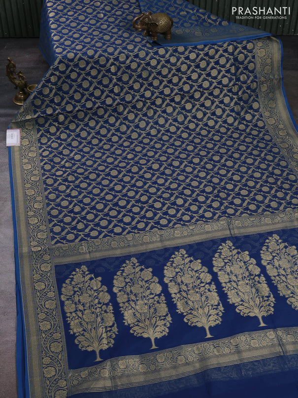 Banarasi silk cotton saree peacock blue with allover thread & zari woven brocade weaves and thread & zari woven border