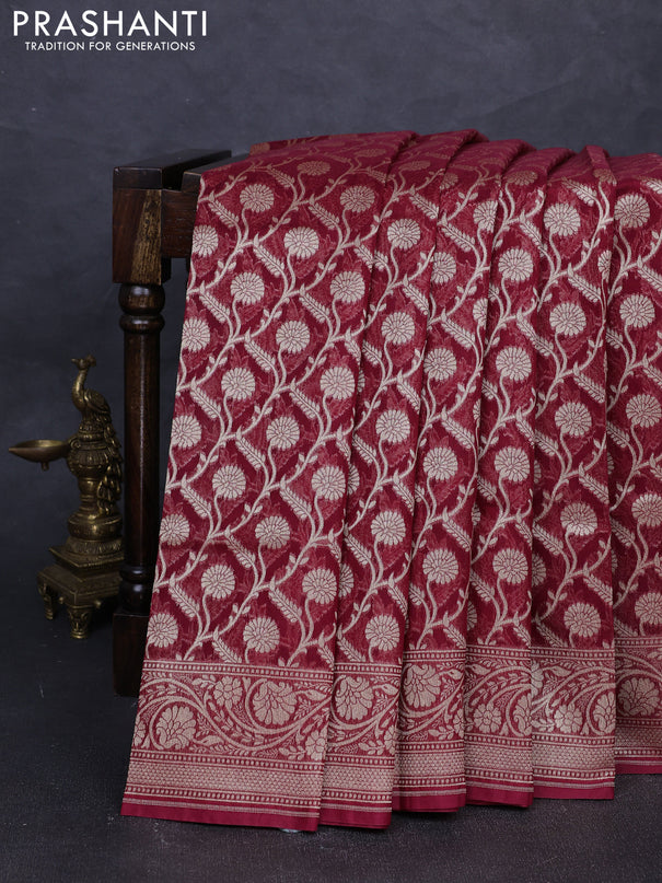 Banarasi silk cotton saree maroon with allover thread & zari woven brocade weaves and thread & zari woven border