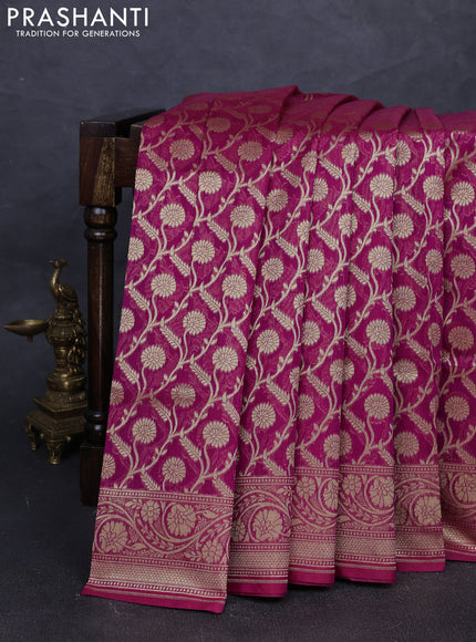 Banarasi silk cotton saree dark magenta pink with allover thread & zari woven brocade weaves and thread & zari woven border