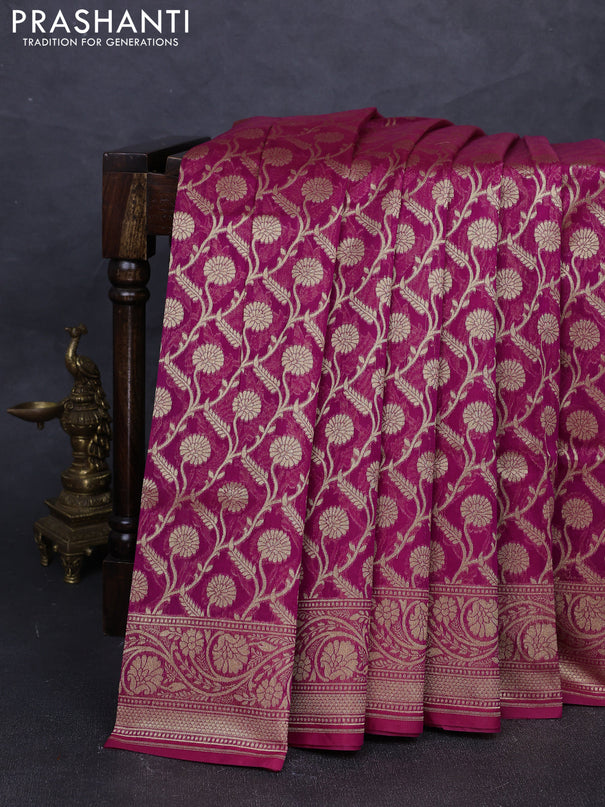 Banarasi silk cotton saree dark magenta pink with allover thread & zari woven brocade weaves and thread & zari woven border