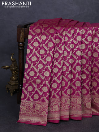Banarasi silk cotton saree dark magenta pink with allover thread & zari woven brocade weaves and thread & zari woven border