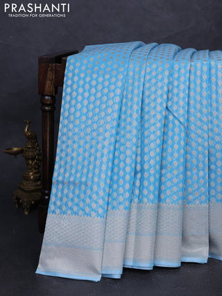 Banarasi silk cotton saree light blue with allover thread & zari woven buttas and thread & zari woven border