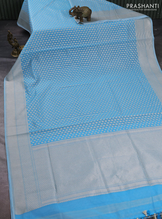 Banarasi silk cotton saree light blue with allover thread & zari woven buttas and thread & zari woven border