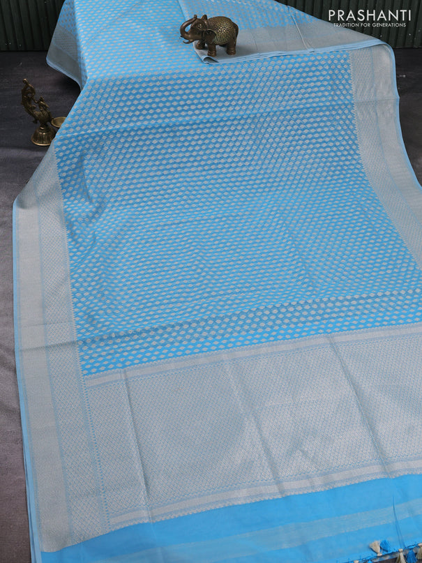 Banarasi silk cotton saree light blue with allover thread & zari woven buttas and thread & zari woven border