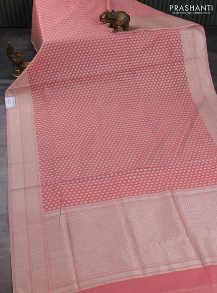 Banarasi silk cotton saree peach shade with allover thread & zari woven buttas and thread & zari woven border