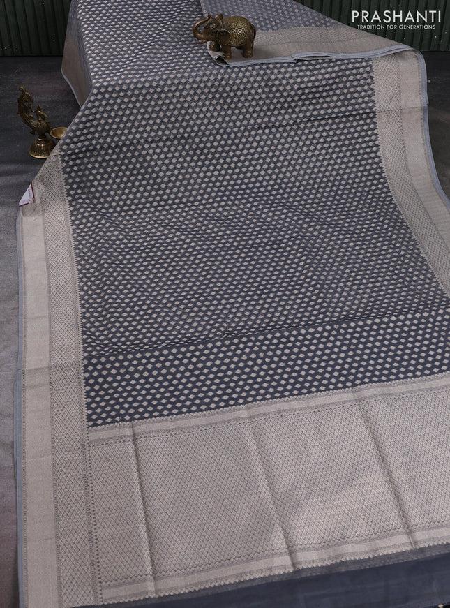 Banarasi silk cotton saree grey with allover thread & zari woven buttas and thread & zari woven border