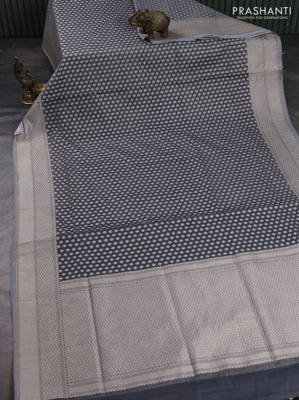 Banarasi silk cotton saree grey with allover thread & zari woven buttas and thread & zari woven border