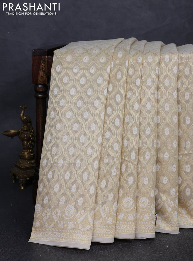 Banarasi silk cotton saree beige with allover thread & zari woven brocade weaves and thread & zari woven border