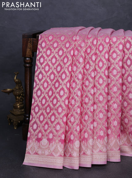 Banarasi silk cotton saree light pink with allover thread & zari woven brocade weaves and thread & zari woven border