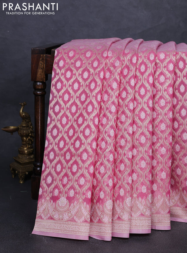 Banarasi silk cotton saree light pink with allover thread & zari woven brocade weaves and thread & zari woven border