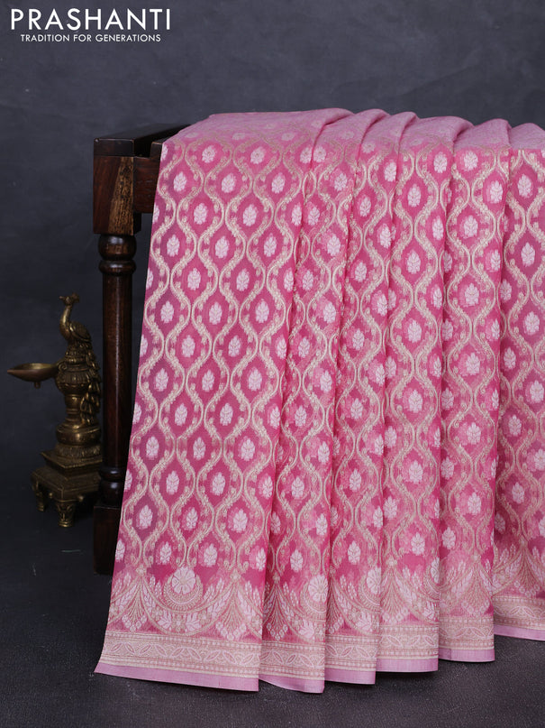 Banarasi silk cotton saree light pink with allover thread & zari woven brocade weaves and thread & zari woven border