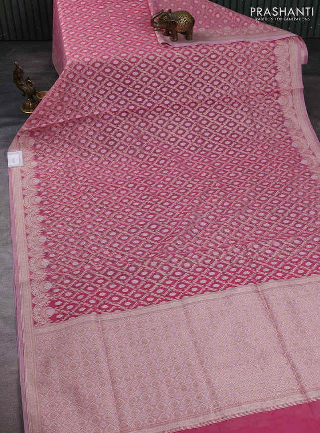 Banarasi silk cotton saree light pink with allover thread & zari woven brocade weaves and thread & zari woven border