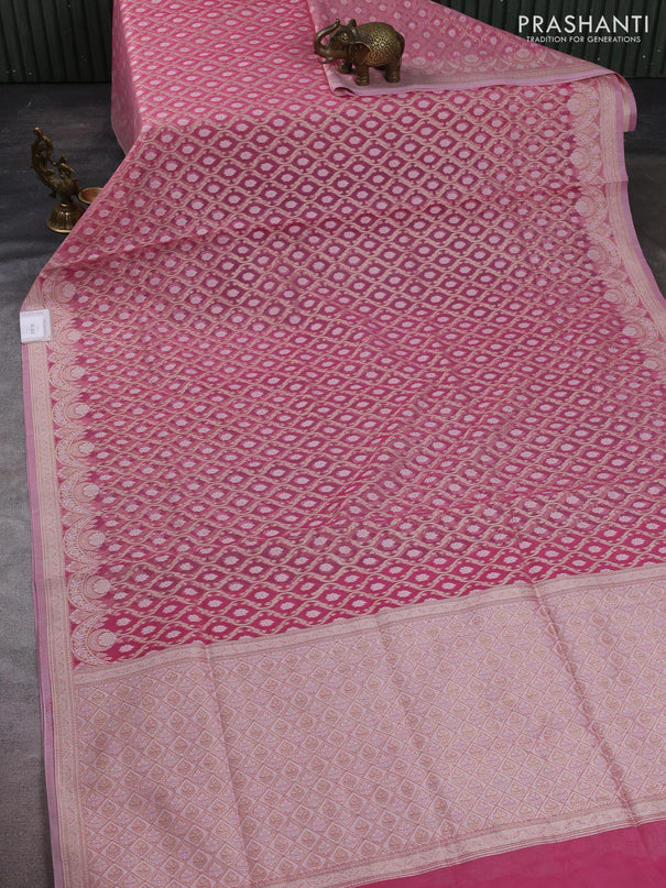 Banarasi silk cotton saree light pink with allover thread & zari woven brocade weaves and thread & zari woven border