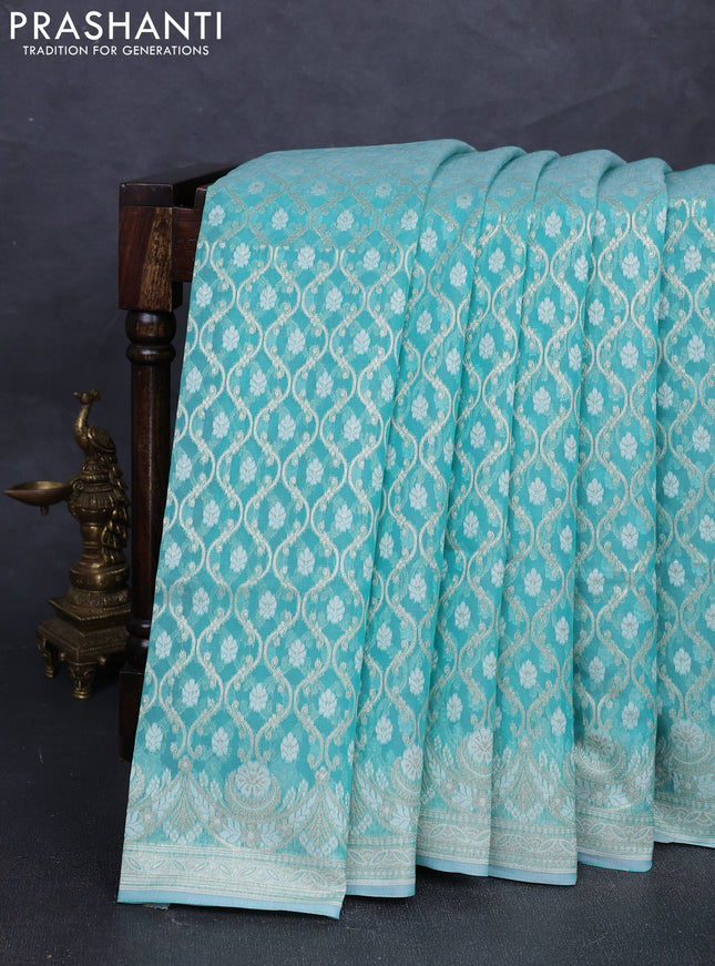 Banarasi silk cotton saree teal blue with allover thread & zari woven brocade weaves and thread & zari woven border