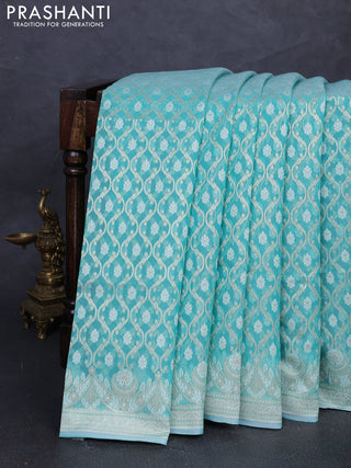 Banarasi silk cotton saree teal blue with allover thread & zari woven brocade weaves and thread & zari woven border