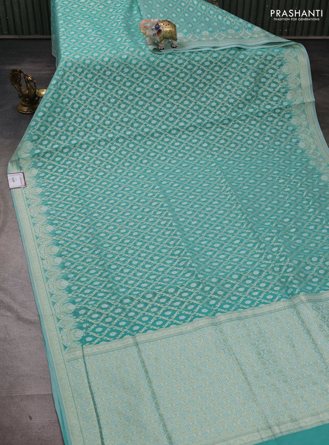 Banarasi silk cotton saree teal blue with allover thread & zari woven brocade weaves and thread & zari woven border