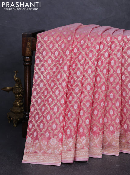 Banarasi silk cotton saree peach pink with allover thread & zari woven brocade weaves and thread & zari woven border
