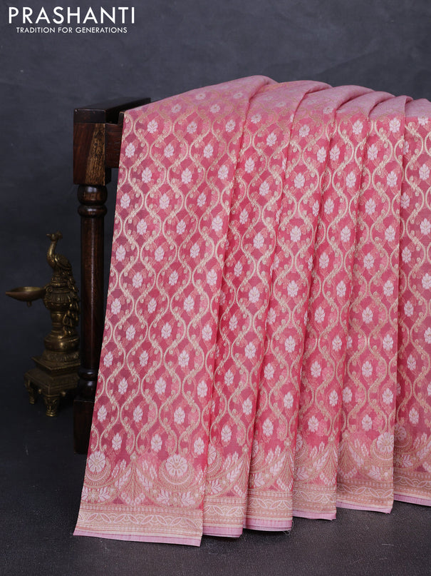 Banarasi silk cotton saree peach pink with allover thread & zari woven brocade weaves and thread & zari woven border