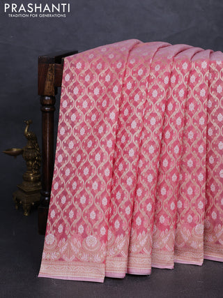 Banarasi silk cotton saree peach pink with allover thread & zari woven brocade weaves and thread & zari woven border