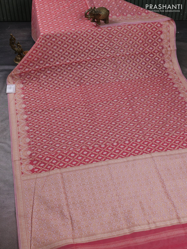 Banarasi silk cotton saree peach pink with allover thread & zari woven brocade weaves and thread & zari woven border