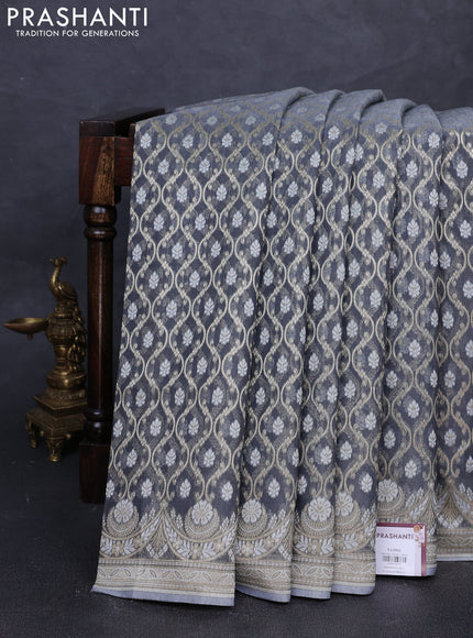 Banarasi silk cotton saree grey with allover thread & zari woven brocade weaves and thread & zari woven border