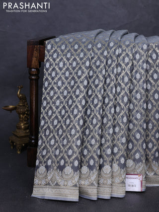 Banarasi silk cotton saree grey with allover thread & zari woven brocade weaves and thread & zari woven border