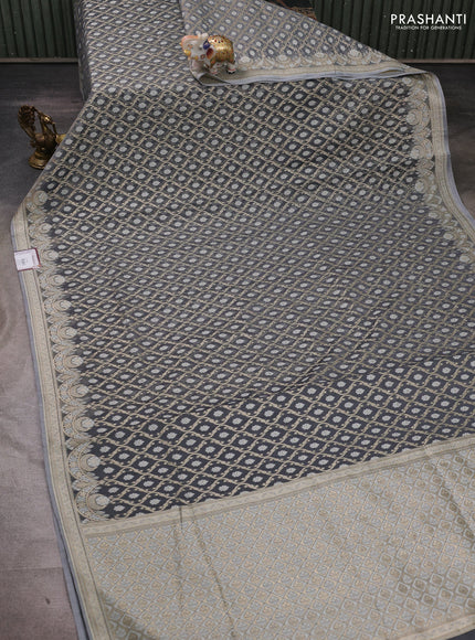Banarasi silk cotton saree grey with allover thread & zari woven brocade weaves and thread & zari woven border