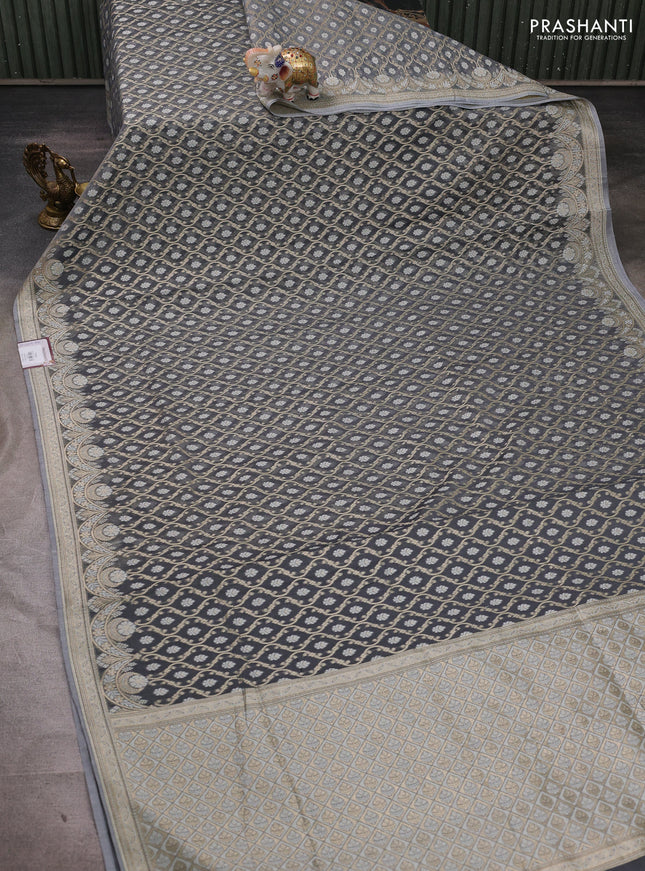 Banarasi silk cotton saree grey with allover thread & zari woven brocade weaves and thread & zari woven border