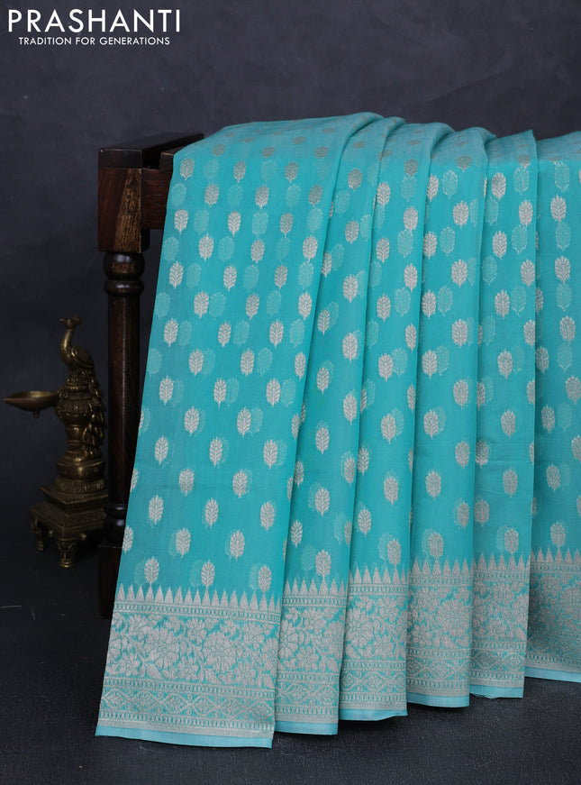 Banarasi silk cotton saree teal blue with allover thread & zari woven buttas and thread & zari woven border