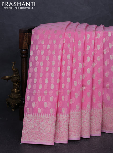 Banarasi silk cotton saree peach pink with allover thread & zari woven buttas and thread & zari woven border