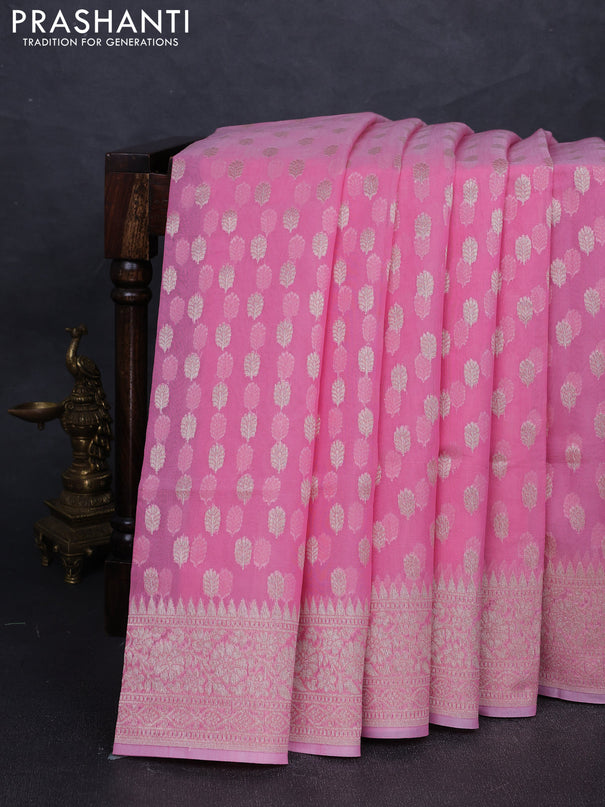 Banarasi silk cotton saree peach pink with allover thread & zari woven buttas and thread & zari woven border