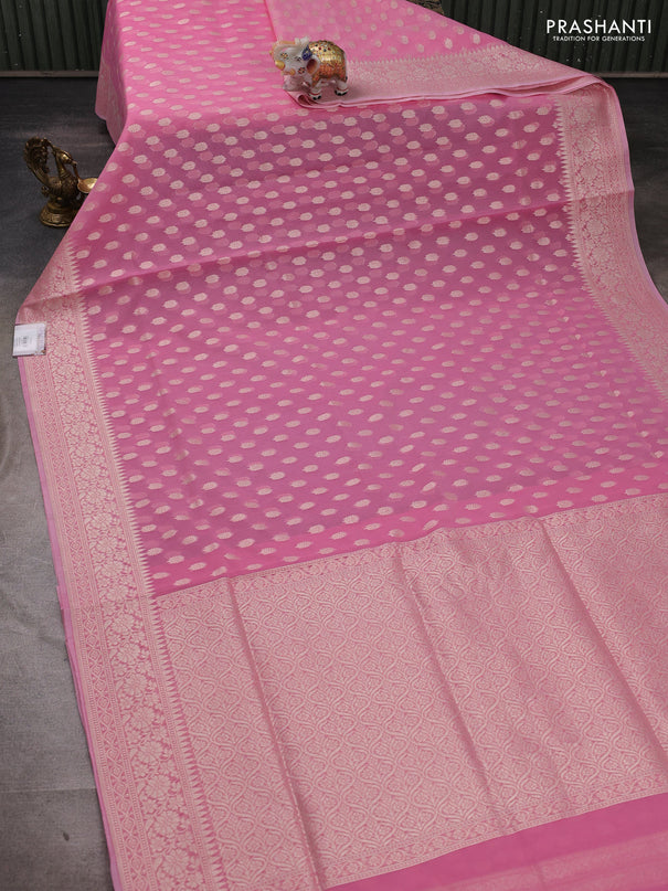 Banarasi silk cotton saree peach pink with allover thread & zari woven buttas and thread & zari woven border