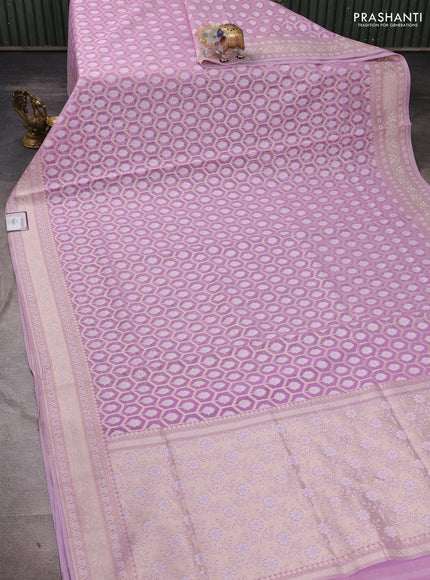 Banarasi silk cotton saree lavender with allover thread & zari woven brocade weaves and thread & zari woven border
