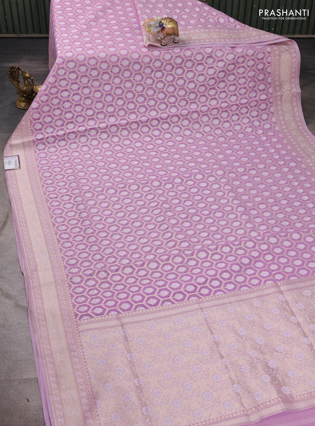 Banarasi silk cotton saree lavender with allover thread & zari woven brocade weaves and thread & zari woven border