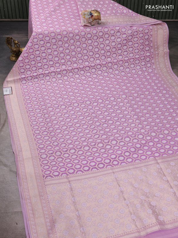 Banarasi silk cotton saree lavender with allover thread & zari woven brocade weaves and thread & zari woven border