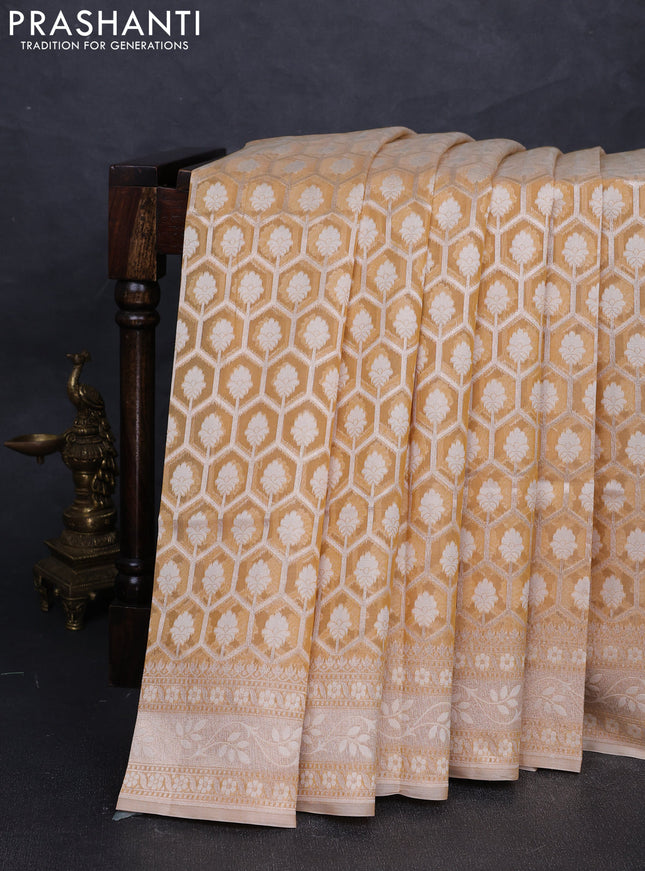 Banarasi silk cotton saree sandal with allover thread & zari woven brocade weaves and thread & zari woven border