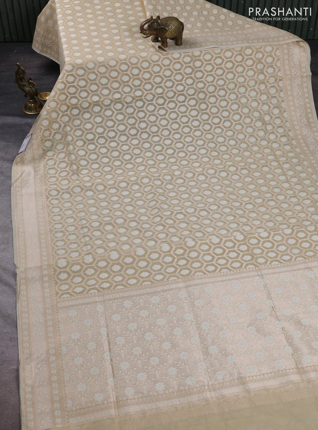 Banarasi silk cotton saree beige with allover thread & zari woven brocade weaves and thread & zari woven border