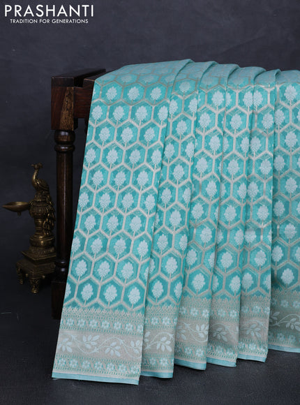 Banarasi silk cotton saree teal green with allover thread & zari woven brocade weaves and thread & zari woven border