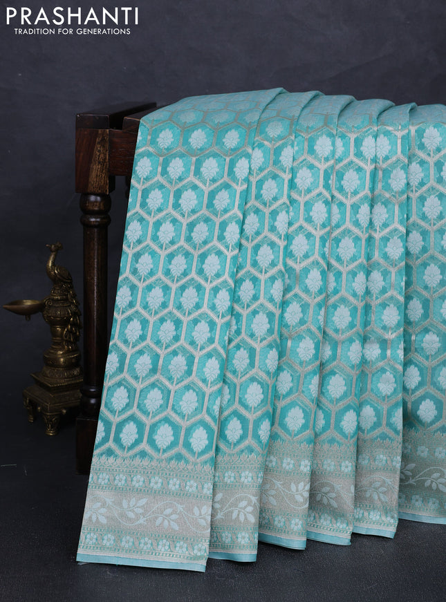 Banarasi silk cotton saree teal green with allover thread & zari woven brocade weaves and thread & zari woven border