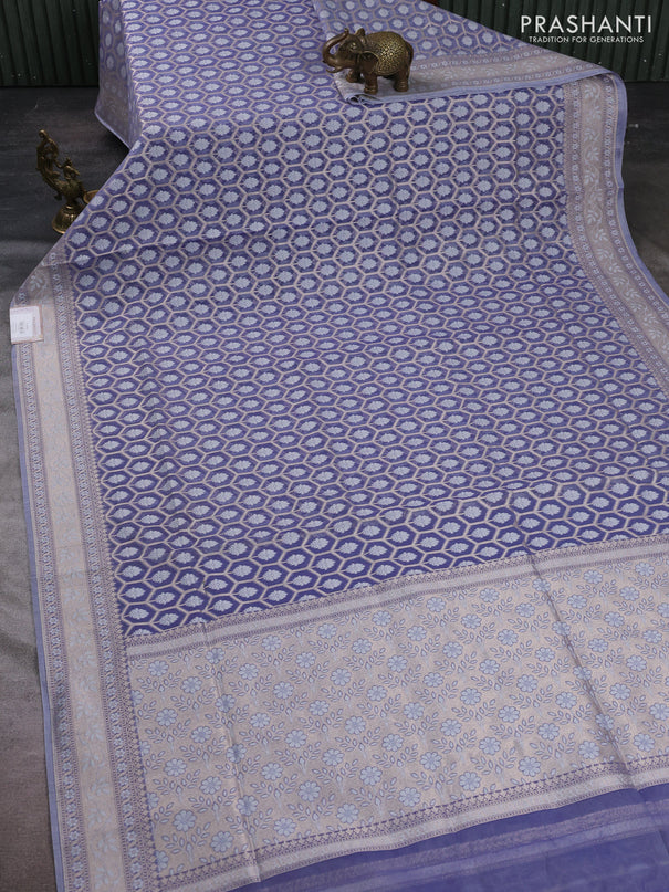Banarasi silk cotton saree pastel violet with allover thread & zari woven brocade weaves and thread & zari woven border