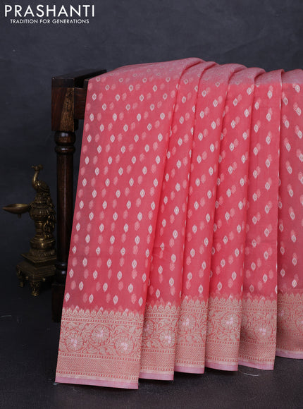 Banarasi silk cotton saree peach pink with allover thread & zari woven buttas and thread & zari woven border
