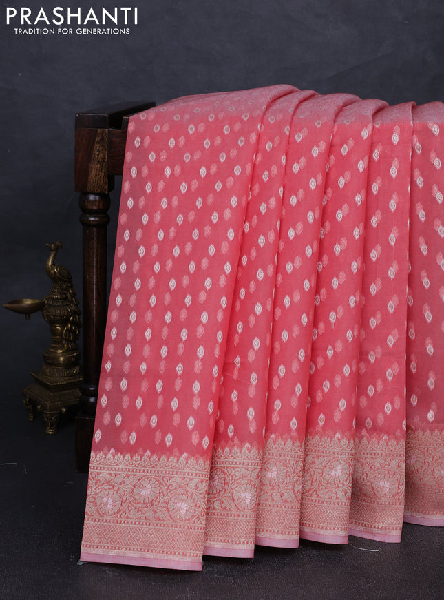 Banarasi silk cotton saree peach pink with allover thread & zari woven buttas and thread & zari woven border