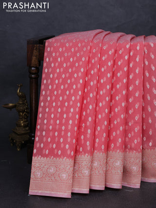 Banarasi silk cotton saree peach pink with allover thread & zari woven buttas and thread & zari woven border